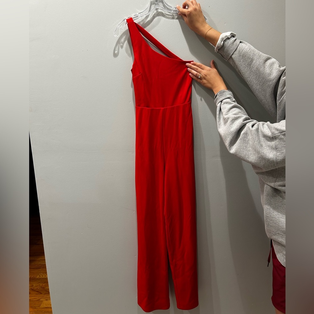 Lulu’s red one shoulder jumpsuit